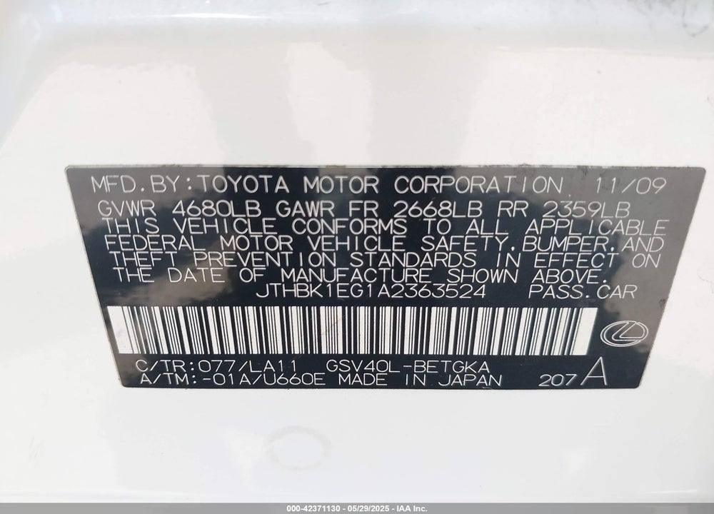 2010 LEXUS ES 350 VIN: JTHBK1EG1A2363524