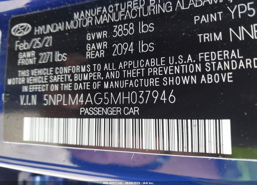 2021 HYUNDAI ELANTRA VIN: 5NPLM4AG5MH037946