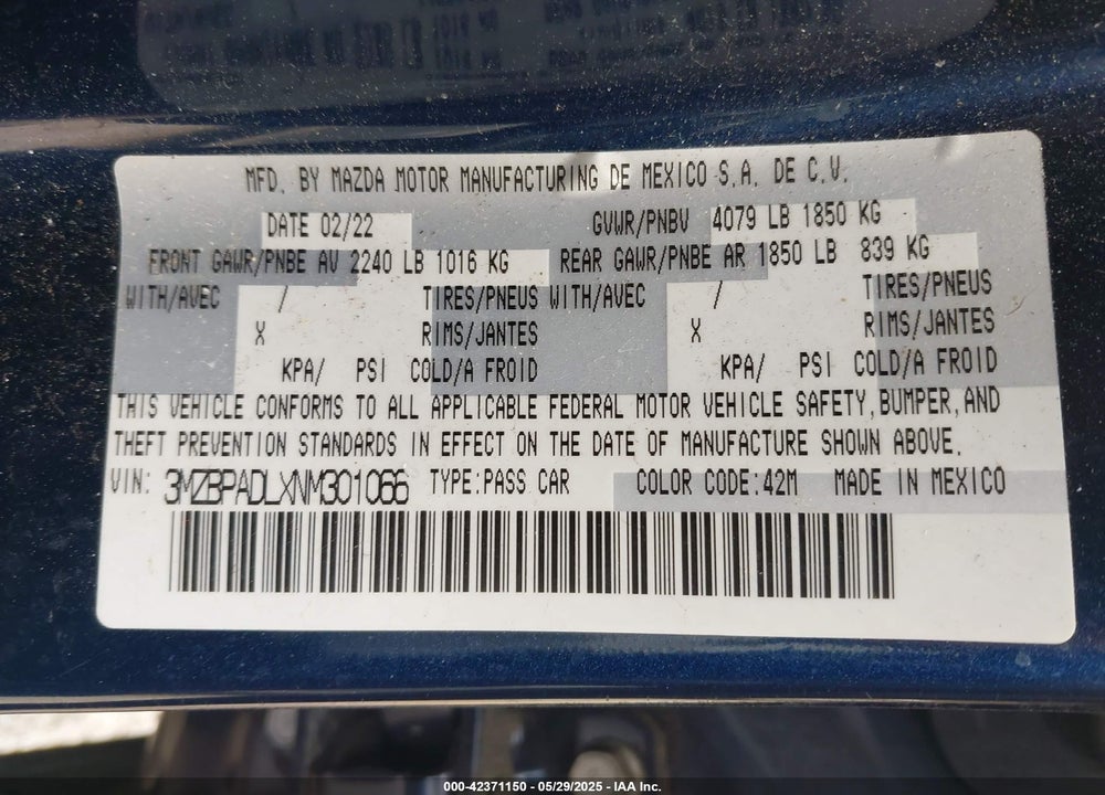 2022 MAZDA MAZDA3 VIN: 3MZBPADLXNM301066