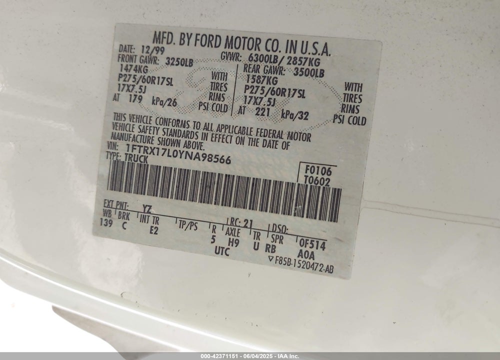 2000 FORD F-150 LARIAT/WORK SERIES/XL/XLT VIN: 1FTRX17L0YNA98566