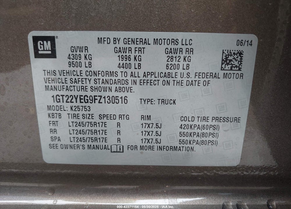 2015 GMC SIERRA VIN: 1GT22YEG9FZ130516