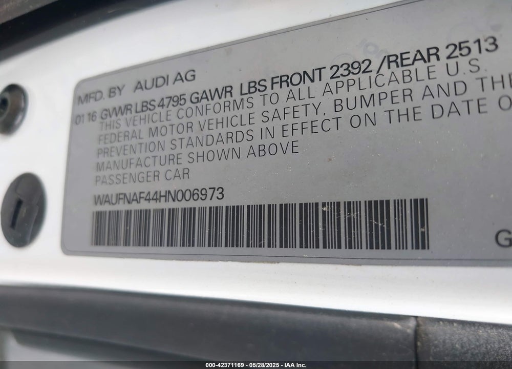 2017 AUDI A4 VIN: WAUFNAF44HN006973