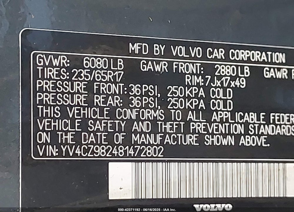 2008 VOLVO XC90 VIN: YV4CZ982481472802