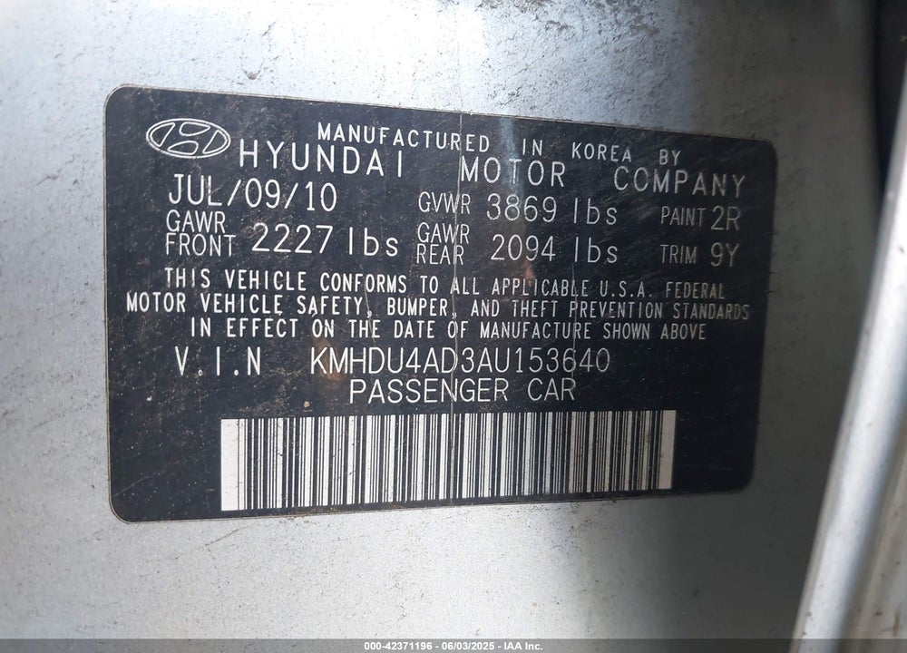 2010 HYUNDAI ELANTRA GLS VIN: KMHDU4AD3AU153640