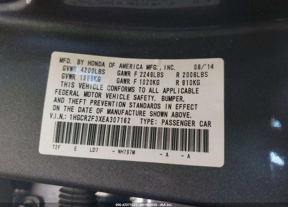 2014 HONDA ACCORD LX VIN: 1HGCR2F3XEA307162