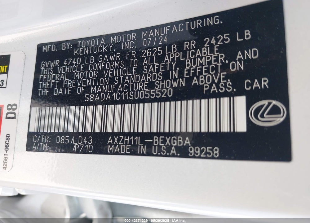 2025 LEXUS ES300H VIN: 58ADA1C11SU055520