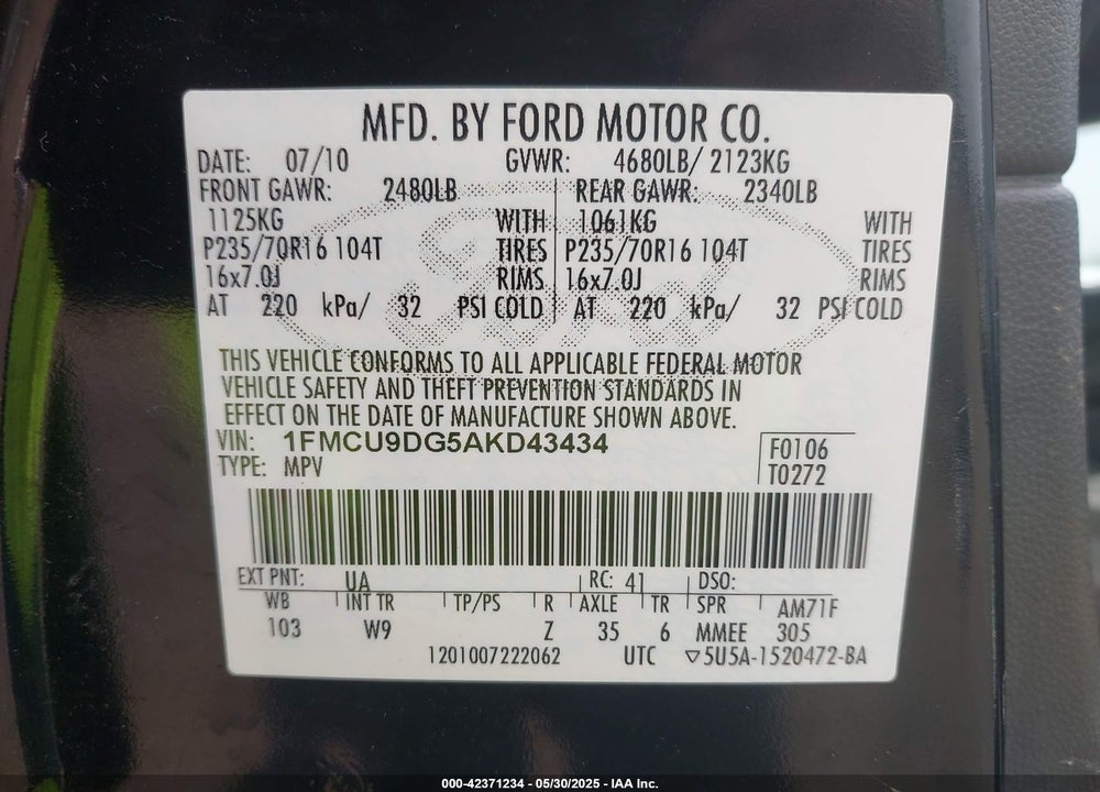 2010 FORD ESCAPE VIN: 1FMCU9DG5AKD43434