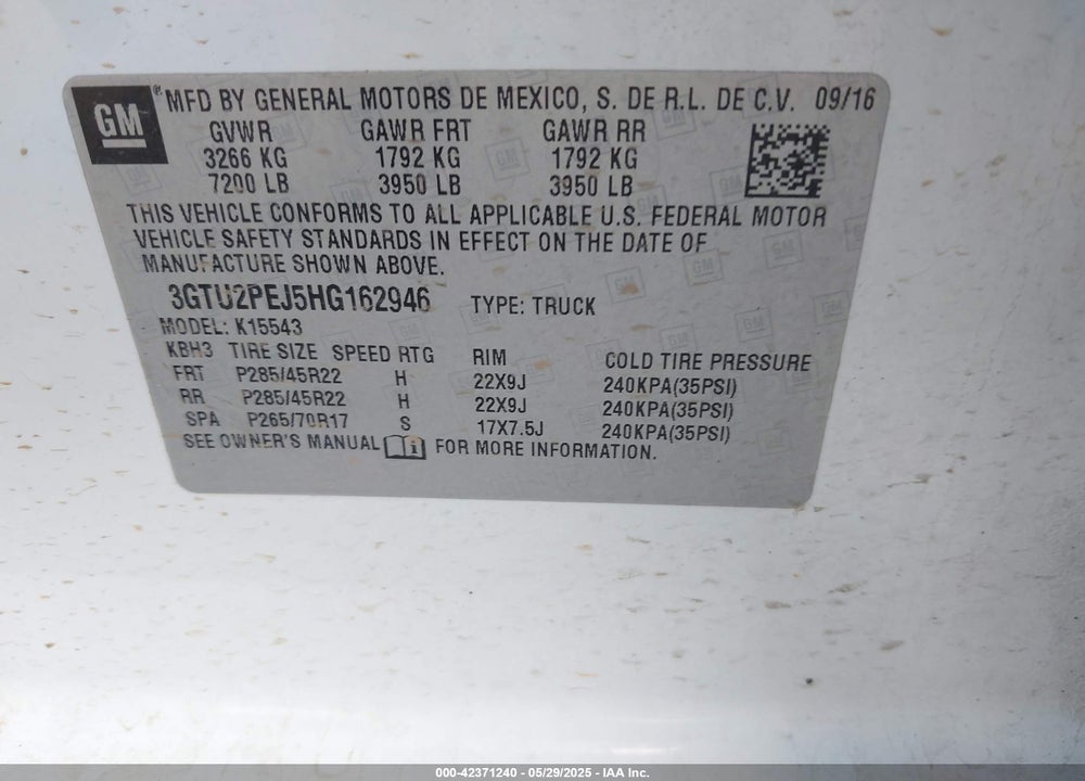 2017 GMC SIERRA VIN: 3GTU2PEJ5HG162946