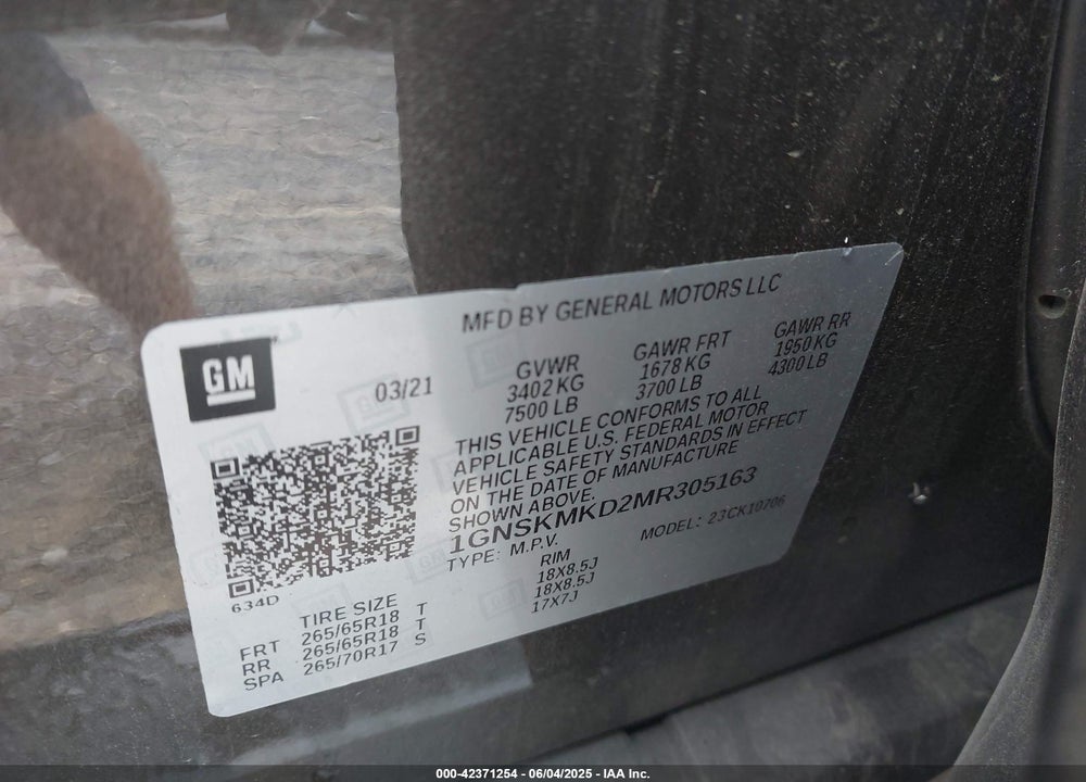 2021 CHEVROLET TAHOE VIN: 1GNSKMKD2MR305163