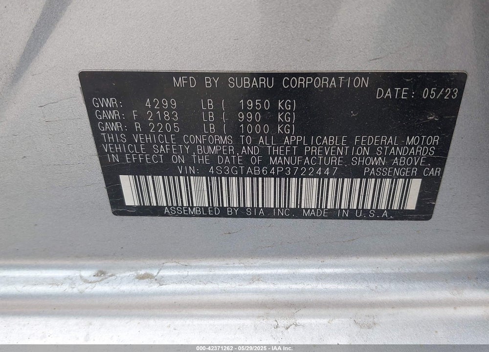 2023 SUBARU IMPREZA VIN: 4S3GTAB64P3722447