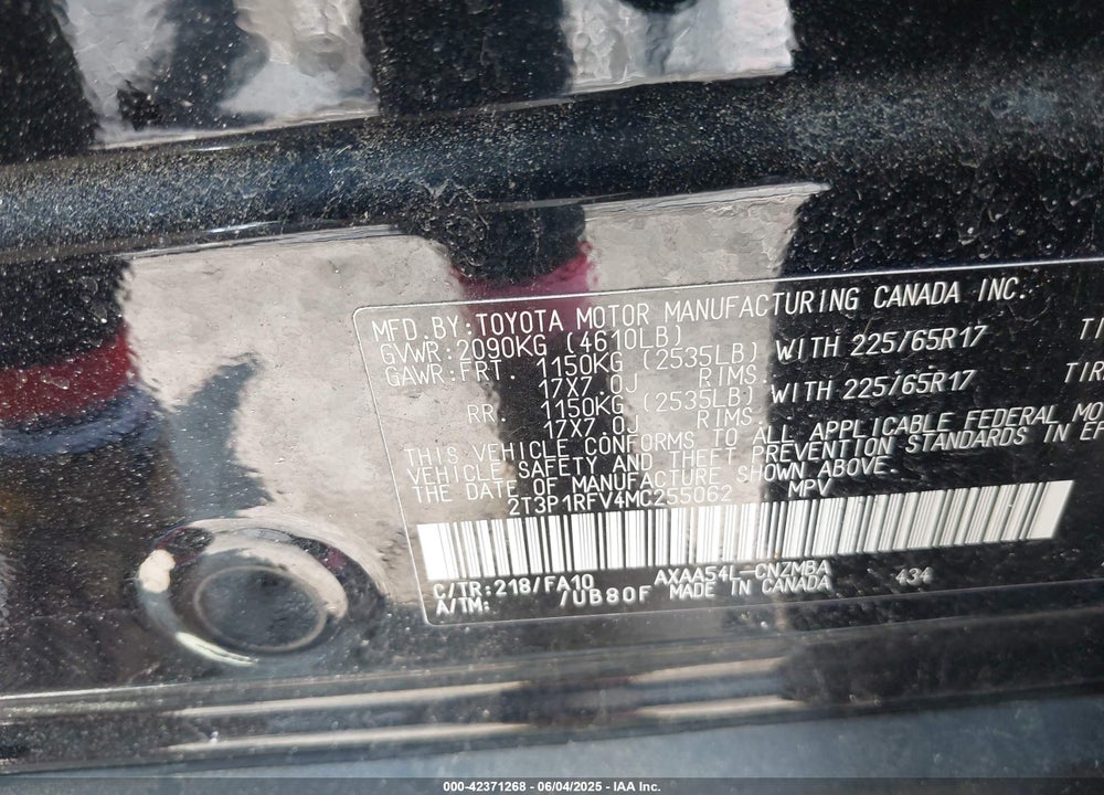 2021 TOYOTA RAV4 VIN: 2T3P1RFV4MC255062