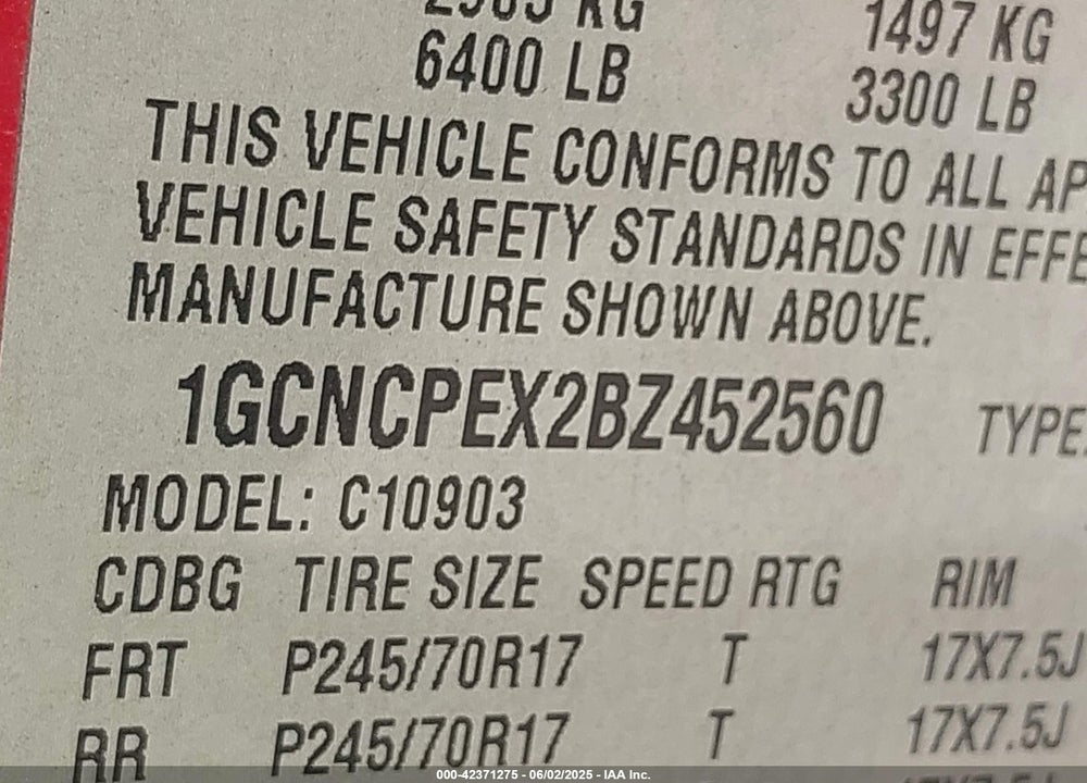 2011 CHEVROLET SILVERADO 1500 WORK TRUCK VIN: 1GCNCPEX2BZ452560