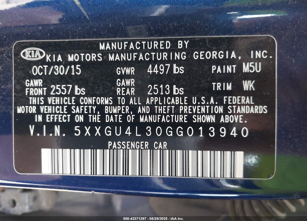 2016 KIA OPTIMA EX VIN: 5XXGU4L30GG013940