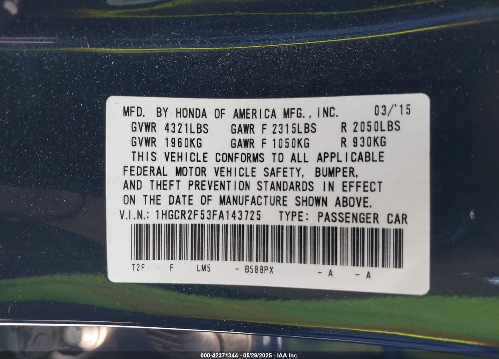 2015 HONDA ACCORD SPORT VIN: 1HGCR2F53FA143725