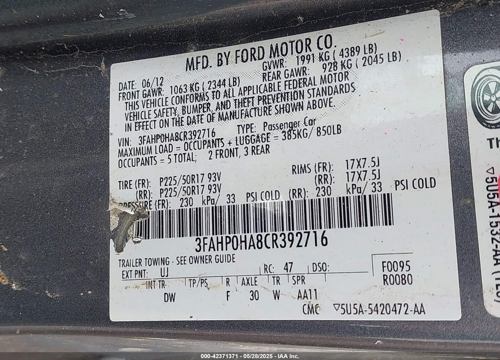 2012 FORD FUSION VIN: 3FAHP0HA8CR392716