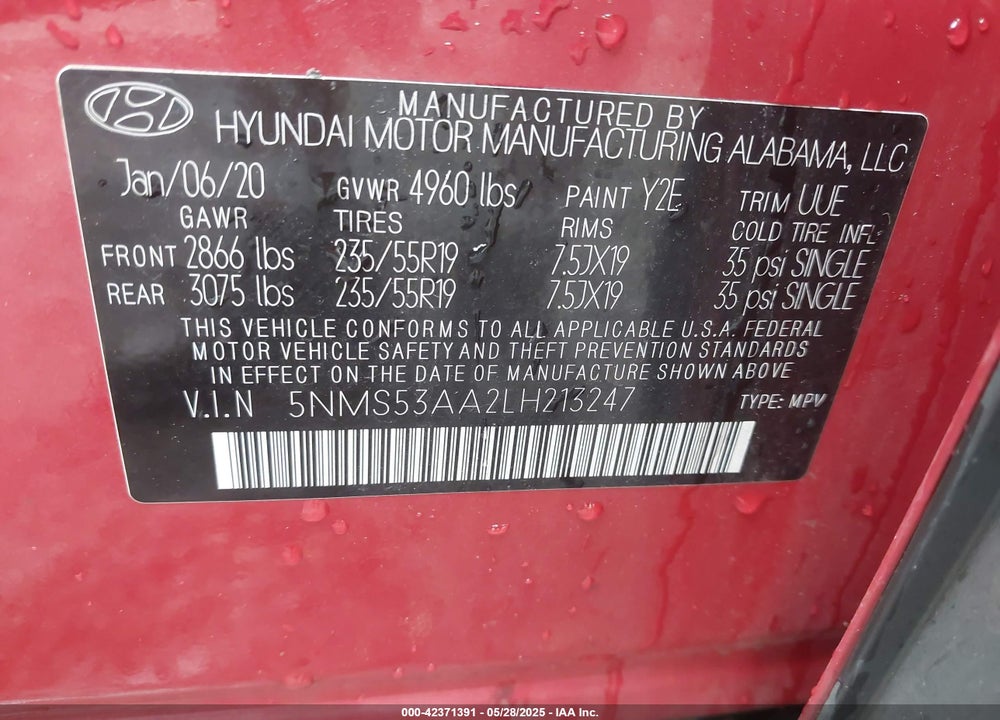 2020 HYUNDAI SANTA FE VIN: 5NMS53AA2LH213247