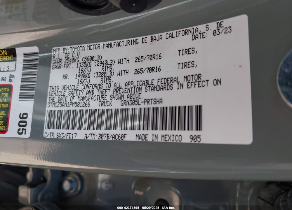 2023 TOYOTA TACOMA VIN: 3TMCZ5AN1PM581266