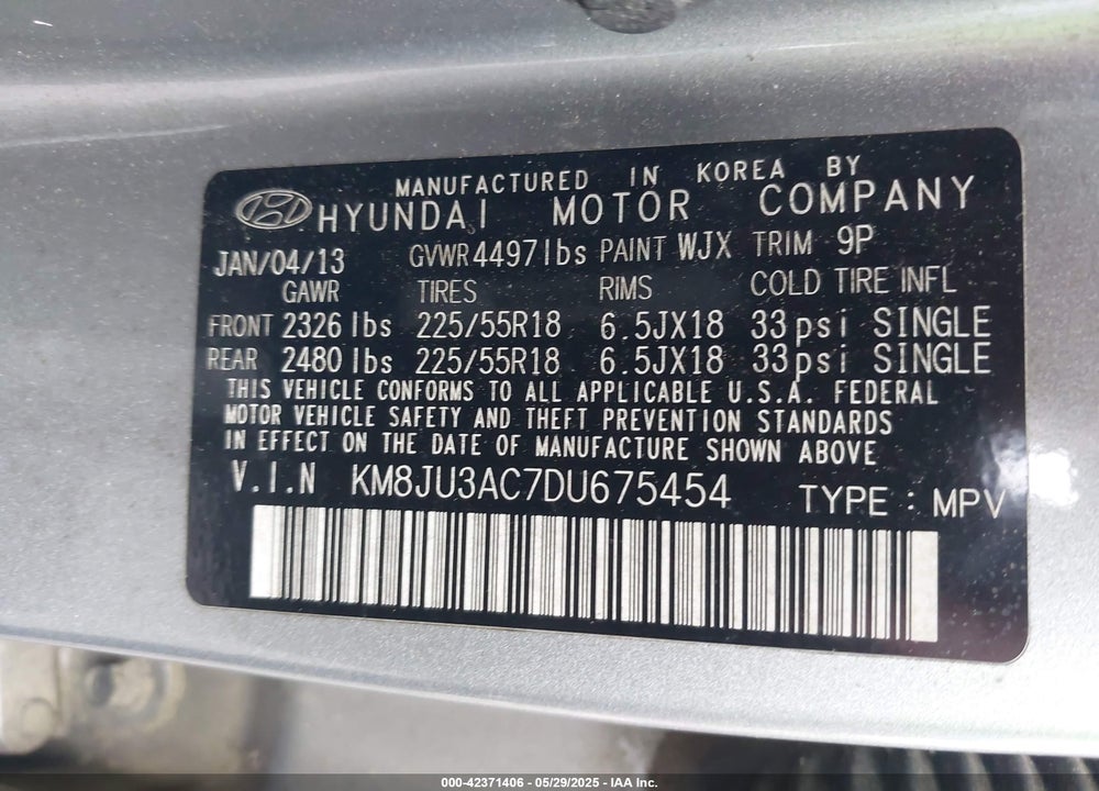 2013 HYUNDAI TUCSON LIMITED VIN: KM8JU3AC7DU675454