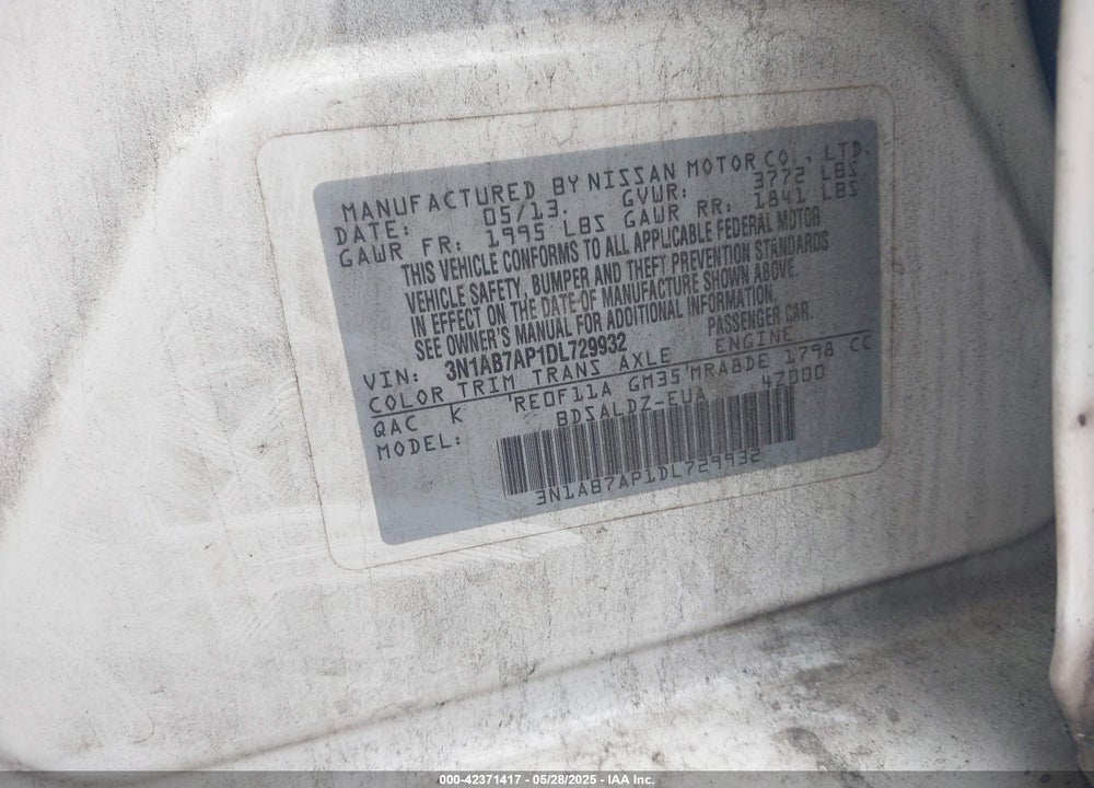 2013 NISSAN SENTRA SV VIN: 3N1AB7AP1DL729932
