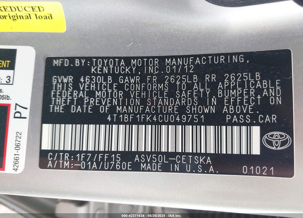 2012 TOYOTA CAMRY SE VIN: 4T1BF1FK4CU049751
