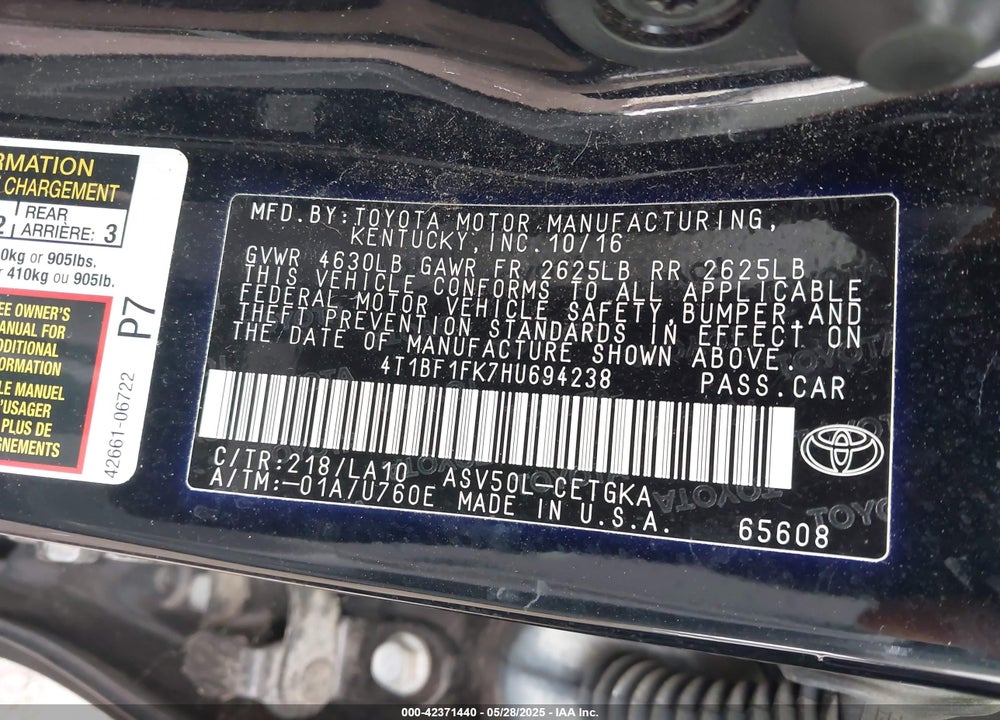 2017 TOYOTA CAMRY VIN: 4T1BF1FK7HU694238