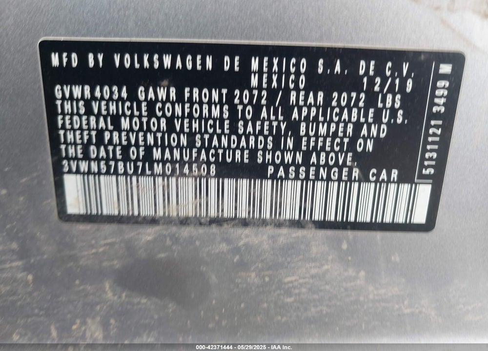 2020 VOLKSWAGEN JETTA VIN: 3VWN57BU7LM014508