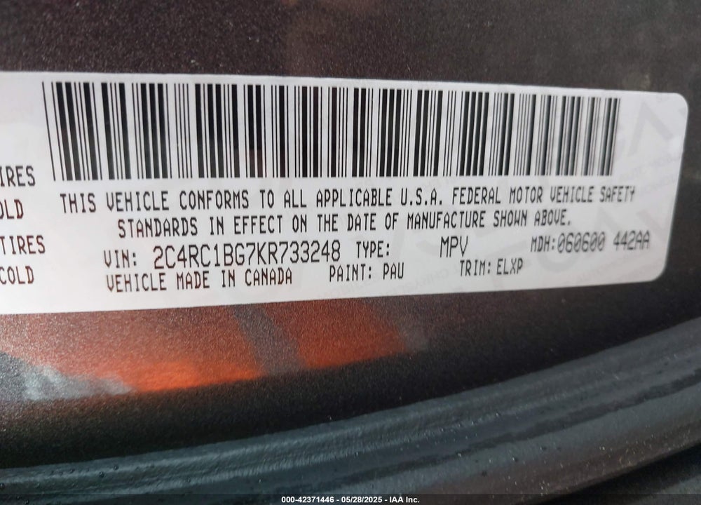 2019 CHRYSLER PACIFICA TOURING L VIN: 2C4RC1BG7KR733248