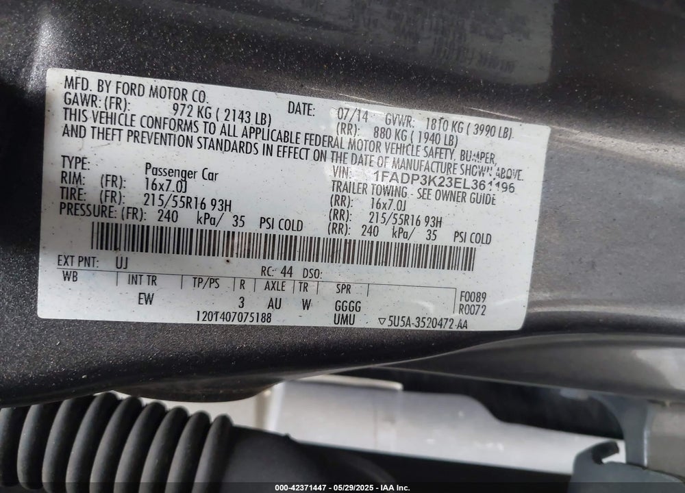 2014 FORD FOCUS VIN: 1FADP3K23EL361196