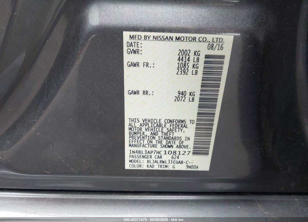 2017 NISSAN ALTIMA VIN: 1N4BL3AP7HC108127