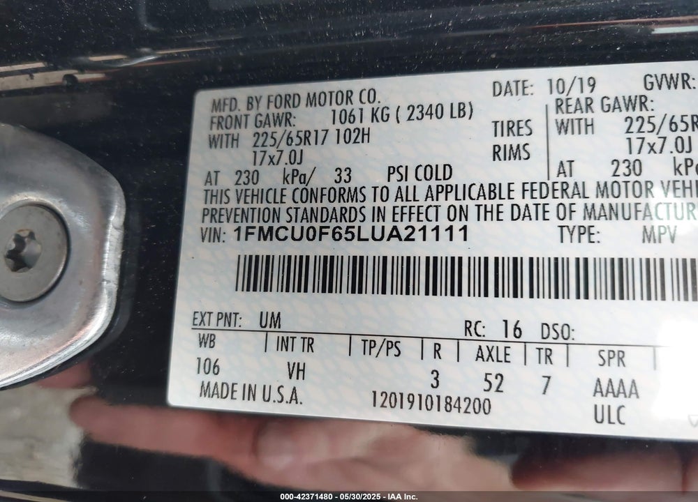 2020 FORD ESCAPE VIN: 1FMCU0F65LUA21111
