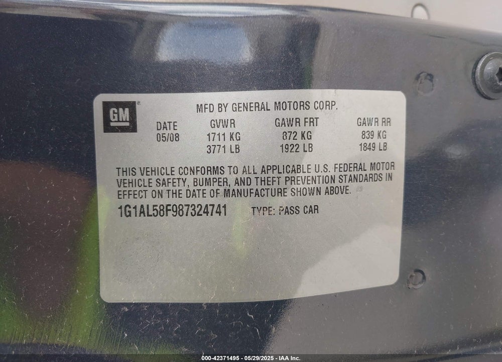 2008 CHEVROLET COBALT VIN: 1G1AL58F987324741