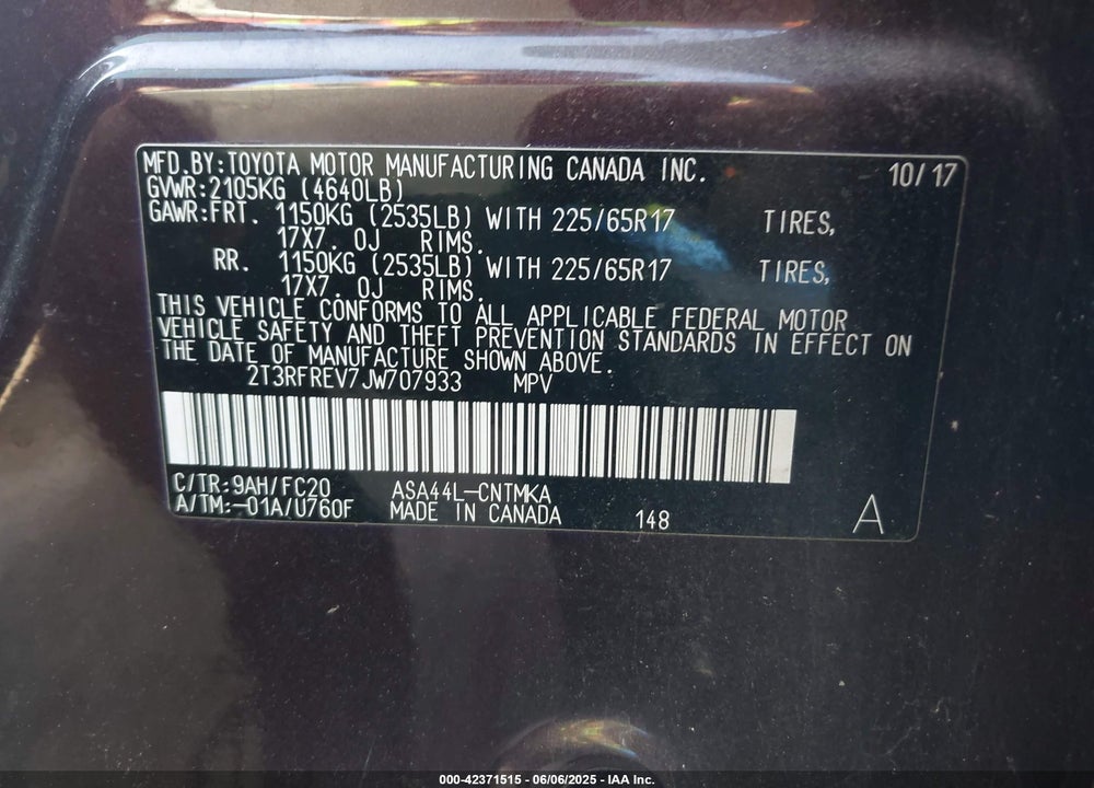 2018 TOYOTA RAV4 VIN: 2T3RFREV7JW707933
