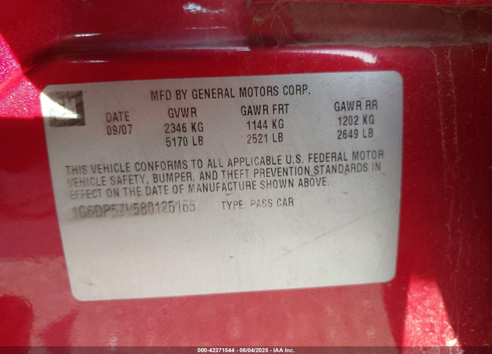2008 CADILLAC CTS STANDARD VIN: 1G6DP57V580125165