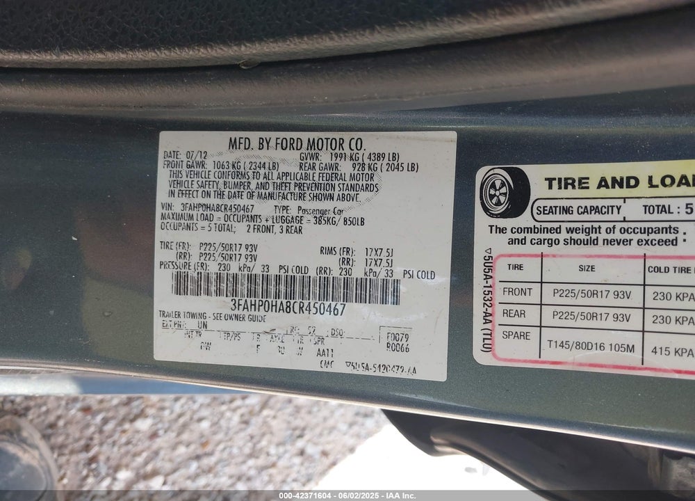2012 FORD FUSION SE VIN: 3FAHP0HA8CR450467