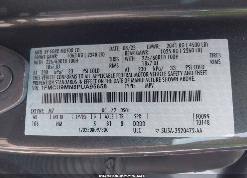 2023 FORD ESCAPE VIN: 1FMCU9MN8PUA95658