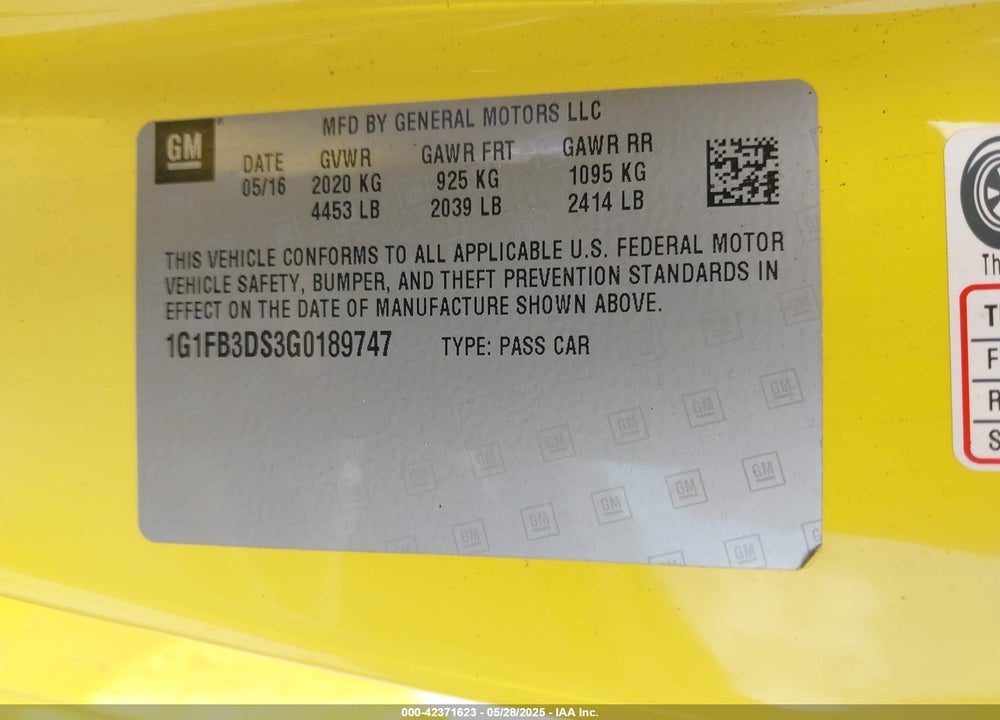 2016 CHEVROLET CAMARO VIN: 1G1FB3DS3G0189747