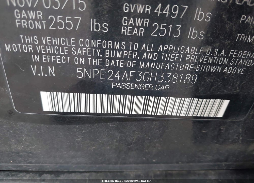 2016 HYUNDAI SONATA SE VIN: 5NPE24AF3GH338189