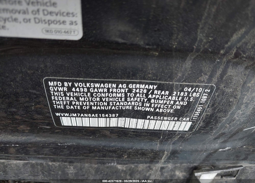 2010 VOLKSWAGEN PASSAT KOMFORT VIN: WVWJM7AN6AE154387