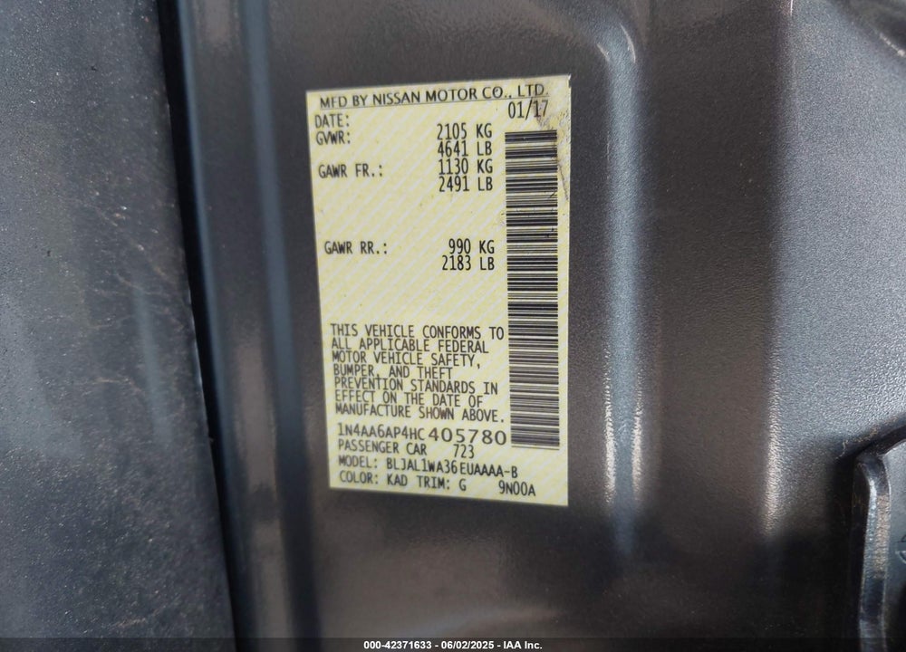 2017 NISSAN MAXIMA VIN: 1N4AA6AP4HC405780