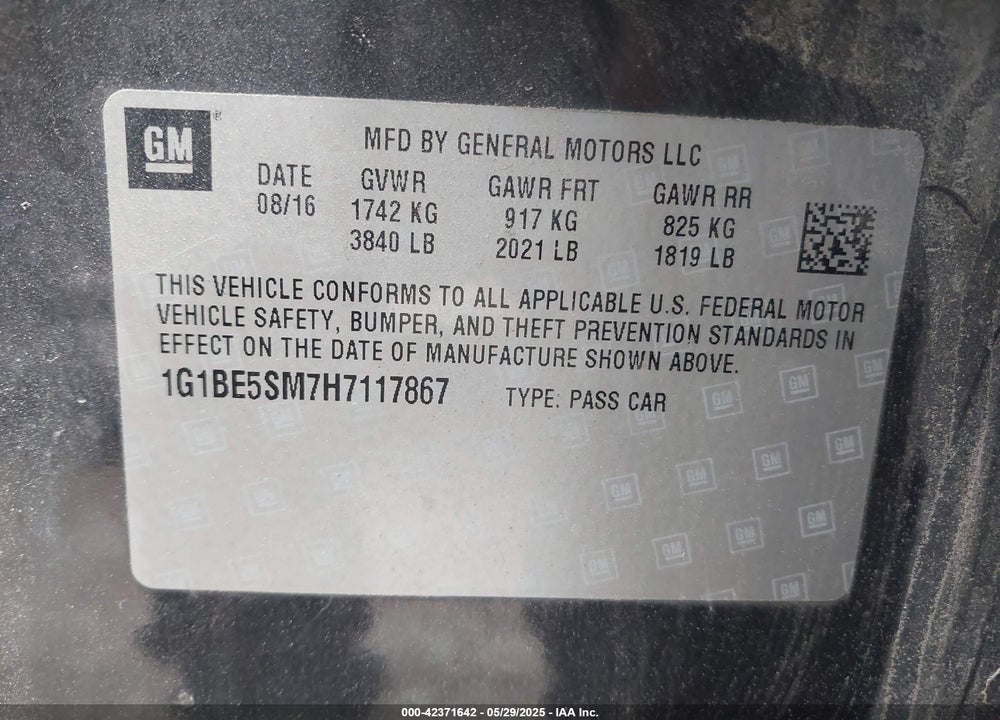 2017 CHEVROLET CRUZE LT AUTO VIN: 1G1BE5SM7H7117867