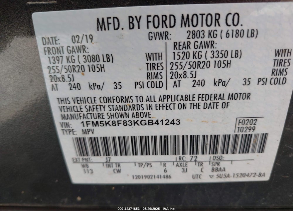 2019 FORD EXPLORER VIN: 1FM5K8F83KGB41243