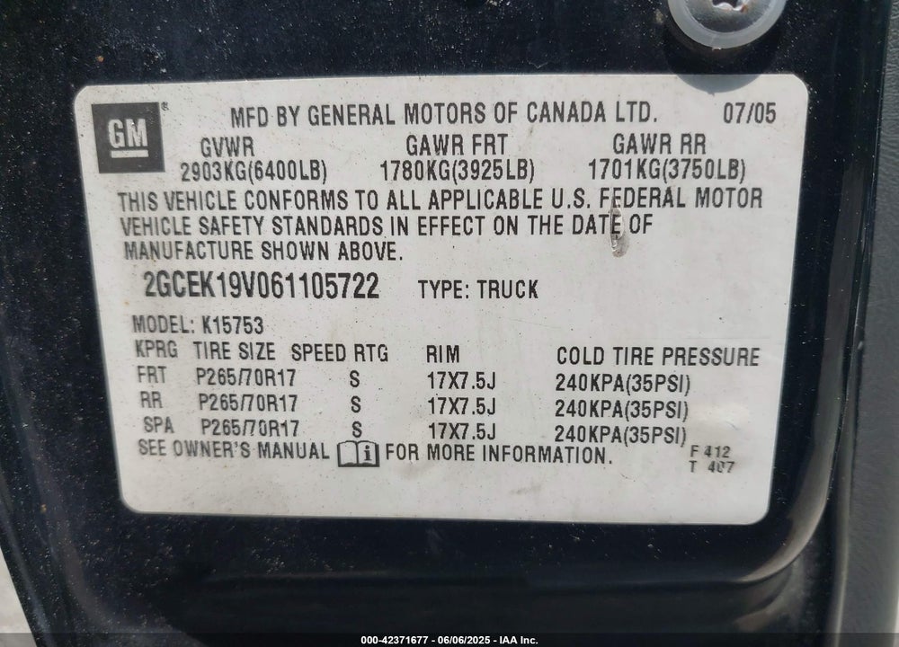 2006 CHEVROLET SILVERADO 1500 VIN: 2GCEK19V061105722