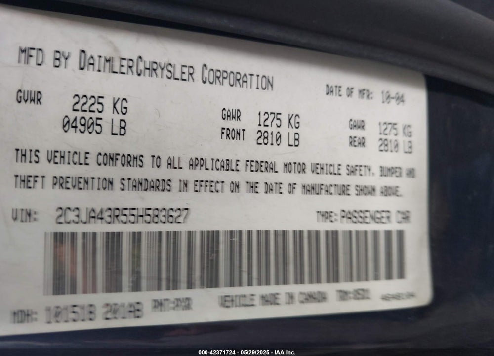 2005 CHRYSLER 300 VIN: 2C3JA43R55H583627