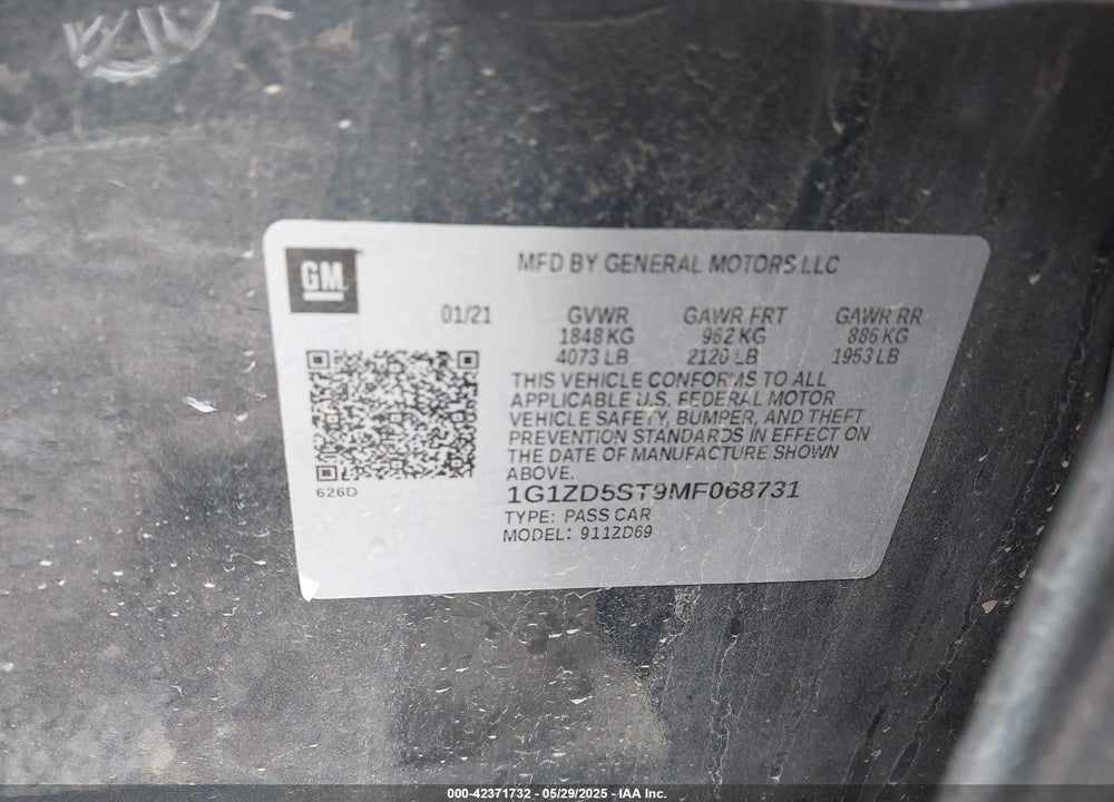 2021 CHEVROLET MALIBU VIN: 1G1ZD5ST9MF068731