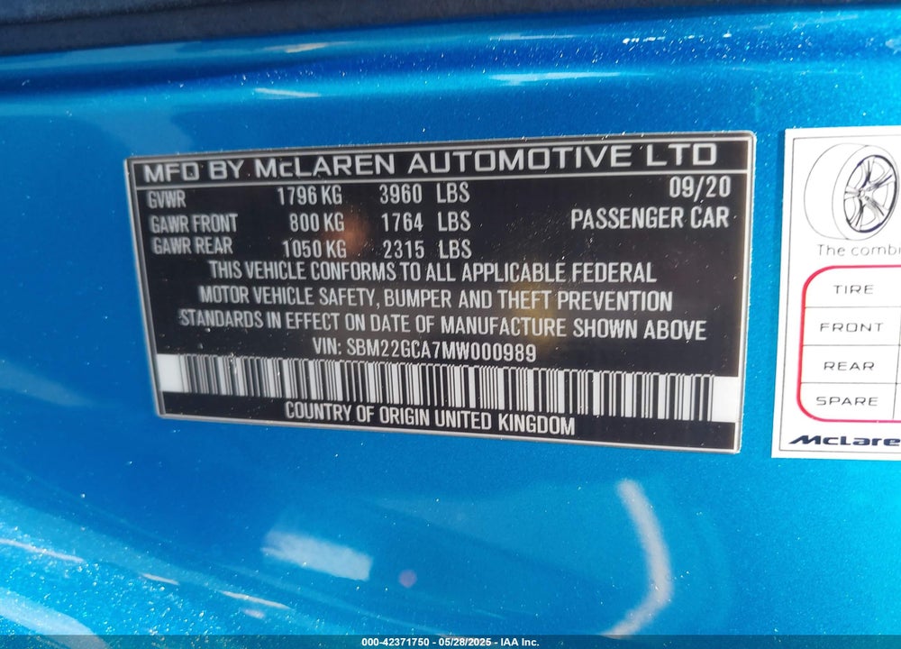 2021 MCLAREN GT COUPE VIN: SBM22GCA7MW000989