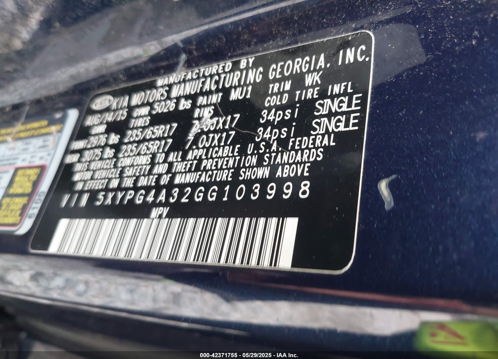 2016 KIA SORENTO VIN: 5XYPG4A32GG103998