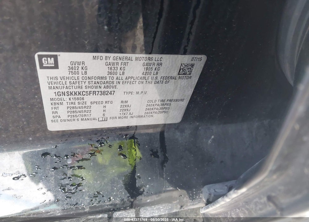 2015 CHEVROLET SUBURBAN 1500 VIN: 1GNSKKKC5FR738247