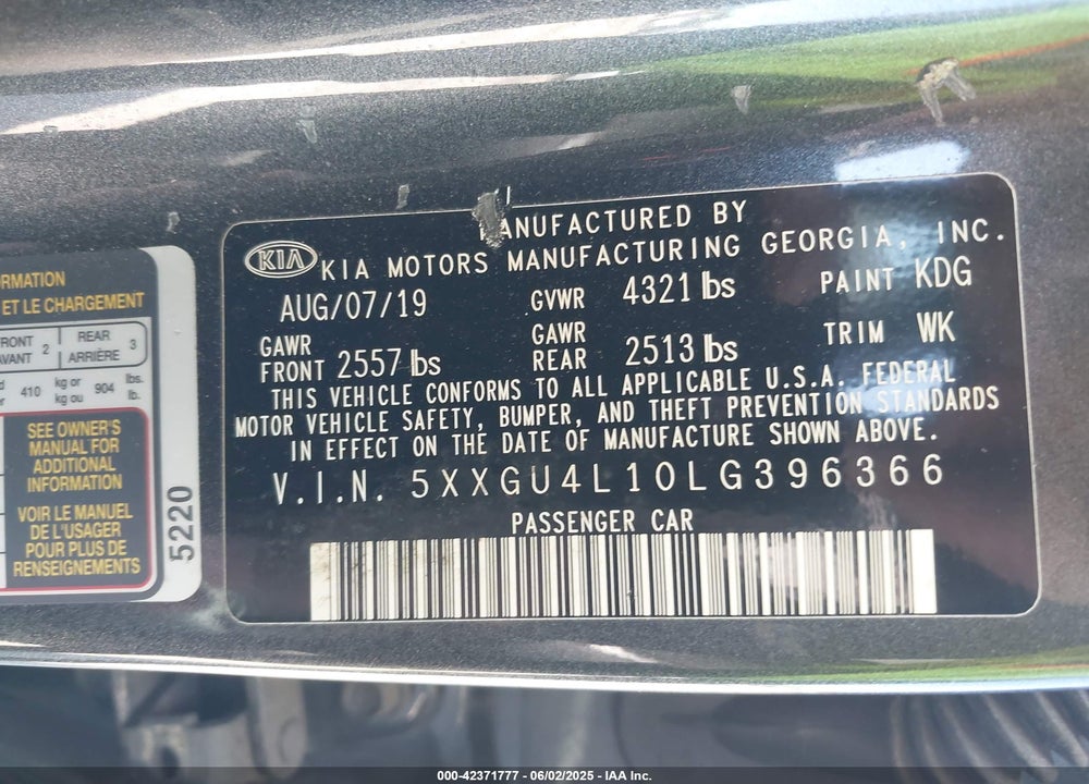 2020 KIA OPTIMA VIN: 5XXGU4L10LG396366