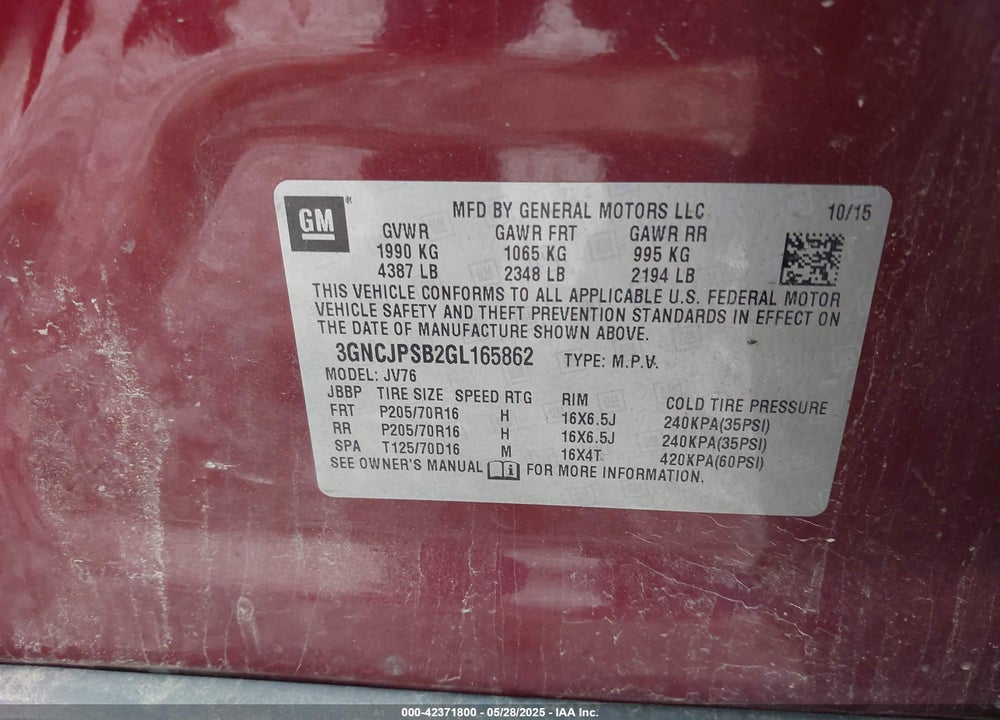 2016 CHEVROLET TRAX VIN: 3GNCJPSB2GL165862