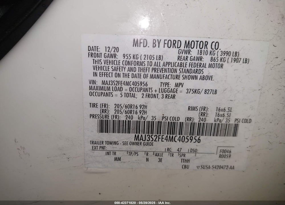 2021 FORD ECOSPORT S VIN: MAJ3S2FE4MC405956